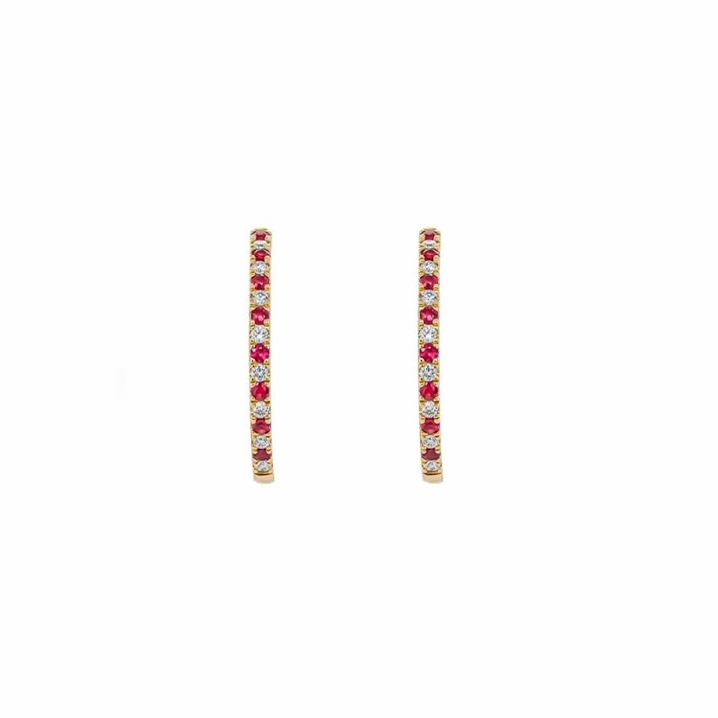 Earrings |   18Ct Yellow Gold Ruby And Diamond Slim Hoop Earrings Earrings Earrings