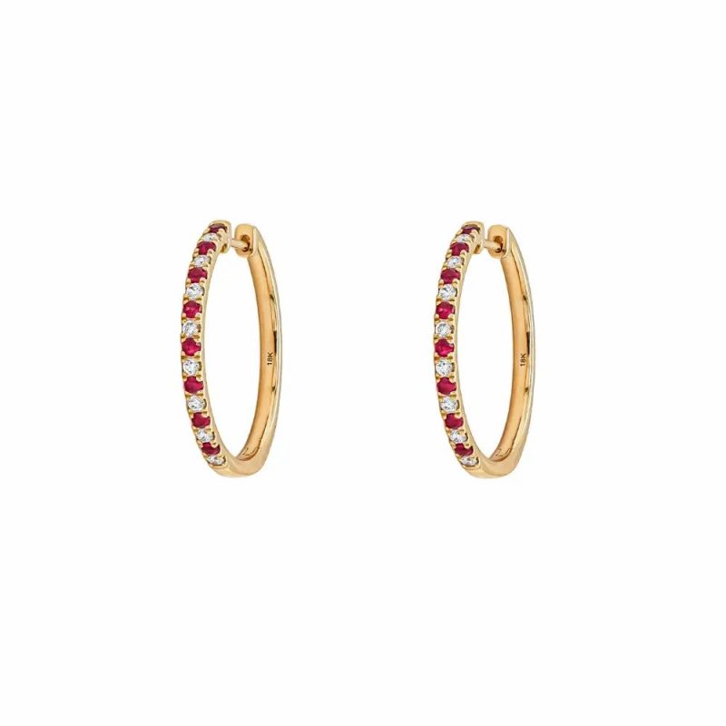 Earrings |   18Ct Yellow Gold Ruby And Diamond Slim Hoop Earrings Earrings Earrings