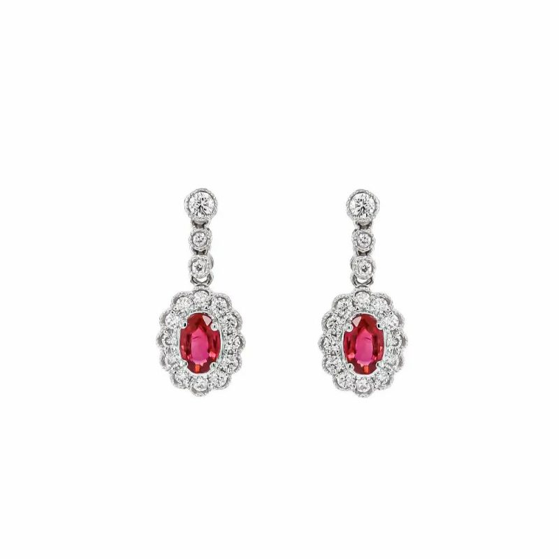 Earrings |   9Ct White Gold 0.56Ct Ruby & 0.35Ct Diamond Cluster Drop Earrings Earrings Earrings