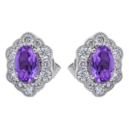 Earrings |   9Ct White Gold Amethyst And Diamond Scalloped Edge Cluster Earrings Earrings Earrings