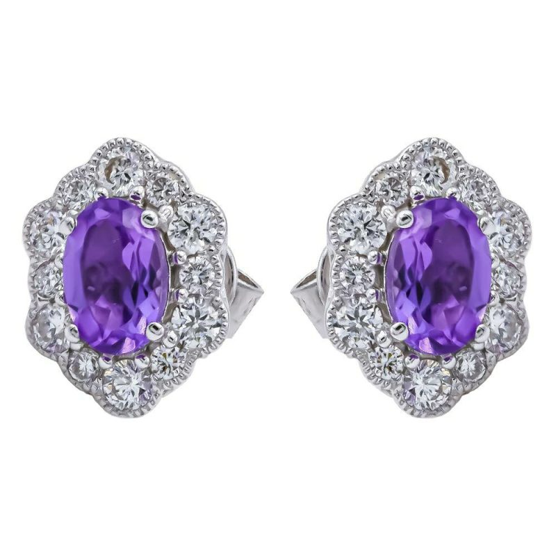 Earrings |   9Ct White Gold Amethyst And Diamond Scalloped Edge Cluster Earrings Earrings Earrings