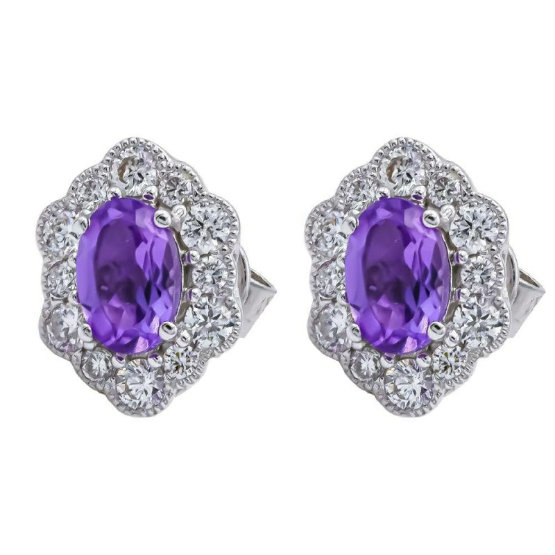 Earrings |   9Ct White Gold Amethyst And Diamond Scalloped Edge Cluster Earrings Earrings Earrings