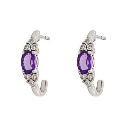 Earrings |   9Ct White Gold Diamond & Oval Amethyst Hoop Earrings Earrings Earrings