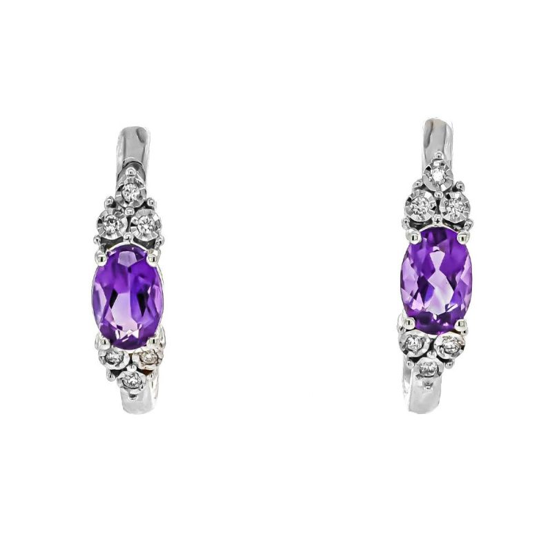 Earrings |   9Ct White Gold Diamond & Oval Amethyst Hoop Earrings Earrings Earrings