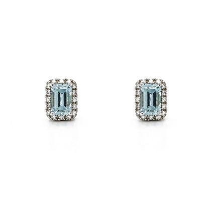 Earrings |   9Ct White Gold Emerald Cut Aquamarine And Diamond Cluster Stud Earrings Earrings Earrings