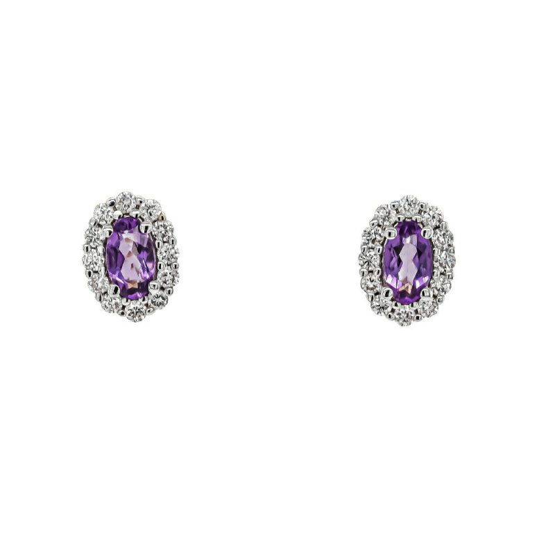 Earrings |   9Ct White Gold Oval .68Cts Amethyst And Diamond Cluster Stud Earrings Earrings Earrings