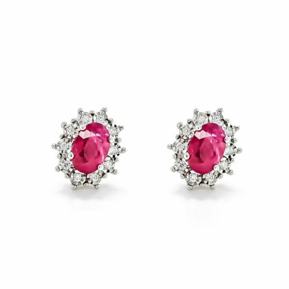 Earrings |   9Ct White Gold Oval Ruby With Diamonds Cluster Stud Earrings Earrings Earrings