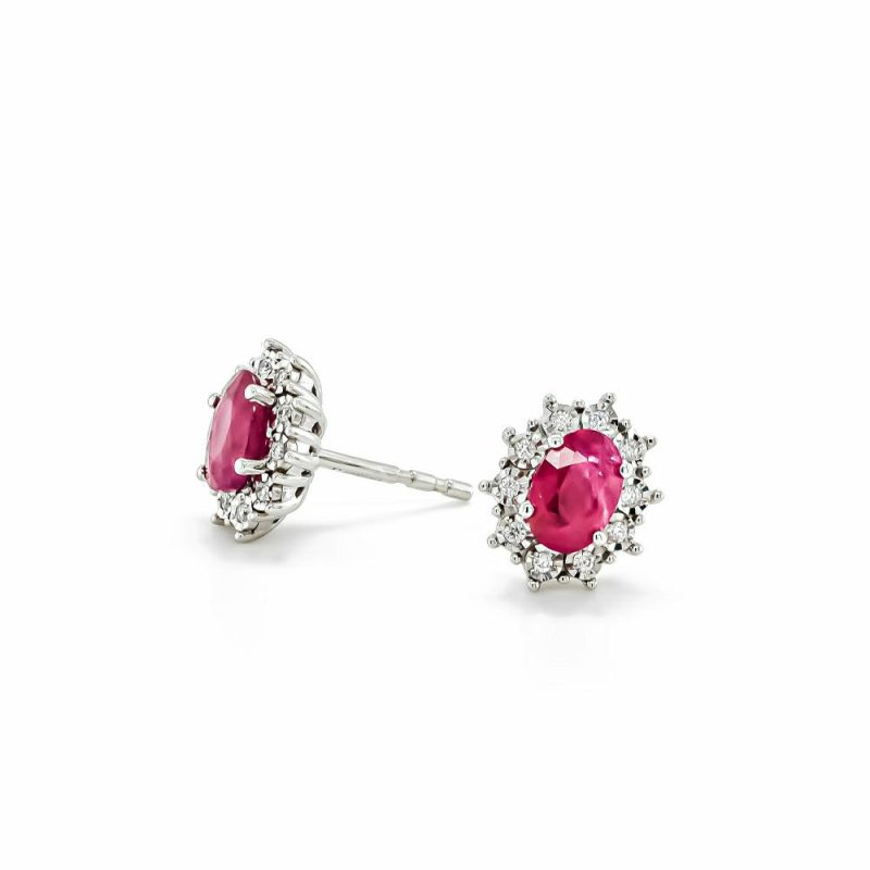 Earrings |   9Ct White Gold Oval Ruby With Diamonds Cluster Stud Earrings Earrings Earrings