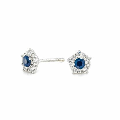 Earrings |   9Ct White Gold Round Sapphire And Diamond Flower Cluster Stud Earrings Earrings Earrings