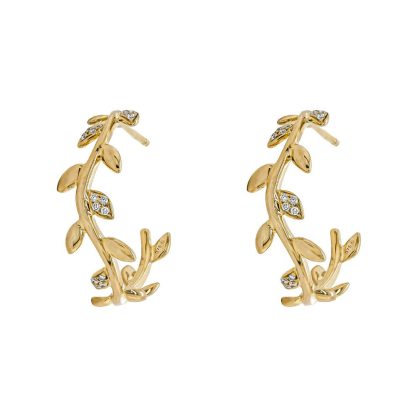 Earrings |   9Ct Yellow Gold Diamond Set Leaf Patterned Hoops Earrings Earrings