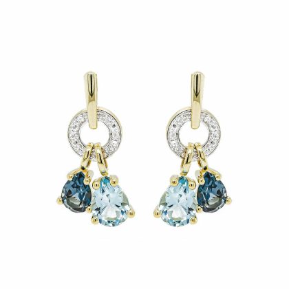 Earrings |   9Ct Yellow Gold Diamond With Dark Blue And Sky Blue Topaz Dropper Earrings Earrings Earrings