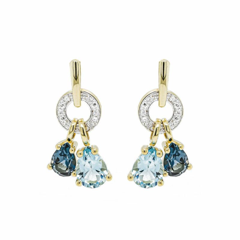 Earrings |   9Ct Yellow Gold Diamond With Dark Blue And Sky Blue Topaz Dropper Earrings Earrings Earrings