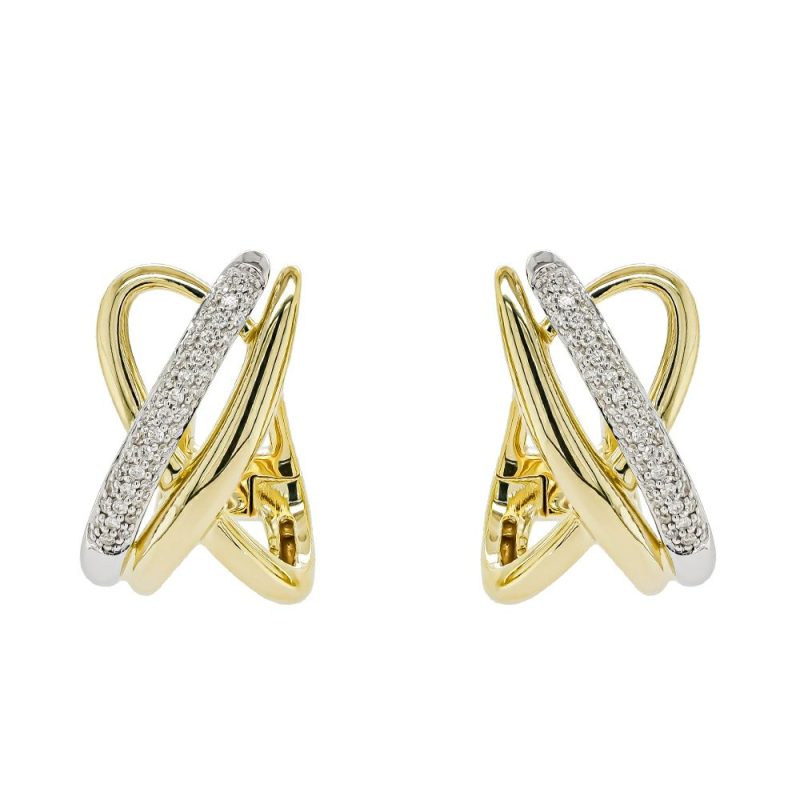 Earrings |   9Ct Yellow & White Gold Brilliant Cut Diamond Cross Over Hoop Earrings Earrings Earrings