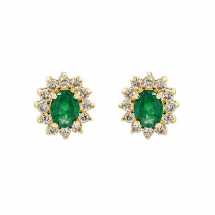 Earrings |   Pre-Owned 18Ct Yellow Gold Emerald And Diamond Cluster Earrings Earrings Earrings