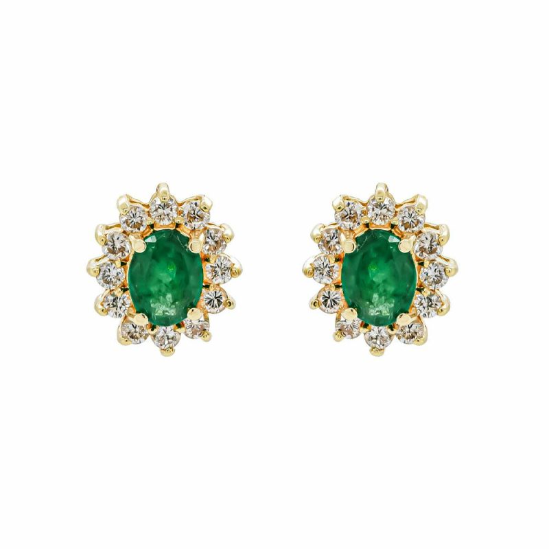 Earrings |   Pre-Owned 18Ct Yellow Gold Emerald And Diamond Cluster Earrings Earrings Earrings