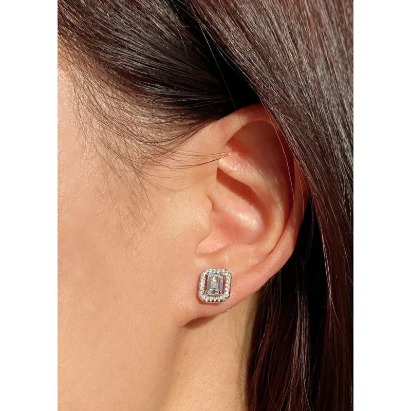 Earrings |   Silver Eton Emerald Cut Borderset Stud Earrings – Ce925W-Eton-W Earrings Earrings