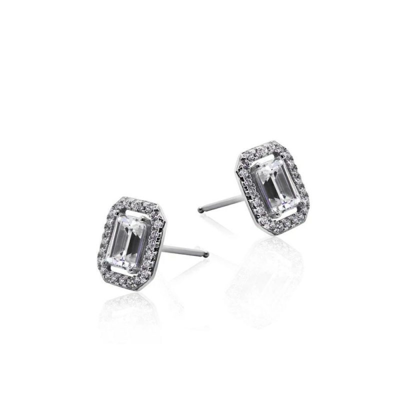 Earrings |   Silver Eton Emerald Cut Borderset Stud Earrings – Ce925W-Eton-W Earrings Earrings