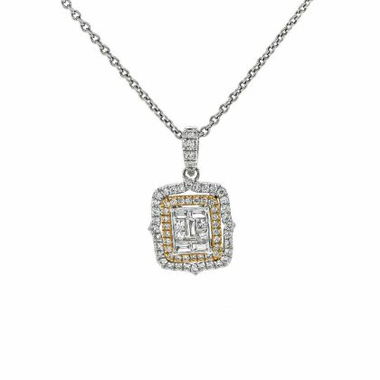 Necklaces & Pendants |   18Ct White And Yellow Gold Baguette And Brilliant Cut Diamond Square Halo Cluster Pendant .54Cts Jewellery Necklaces & Pendants