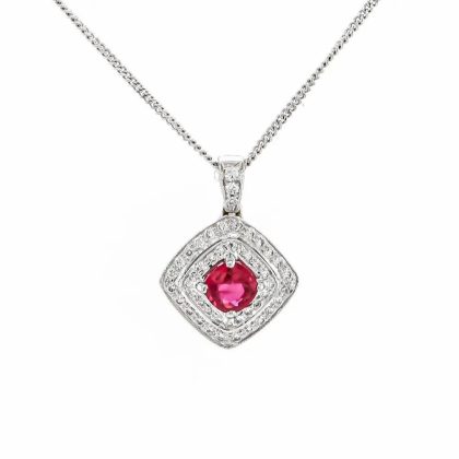 Necklaces & Pendants |   18Ct White Gold 0.25Ct Brilliant Cut Diamond And 0.53Ct Cushion Ruby Pendant Jewellery Necklaces & Pendants