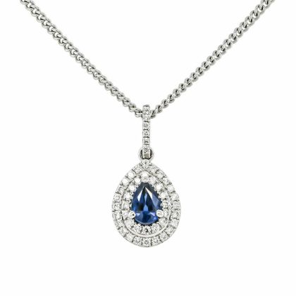 Necklaces & Pendants |   18Ct White Gold 0.69Ct Sapphire & 0.25Ct Diamond Halo Pendant Jewellery Necklaces & Pendants