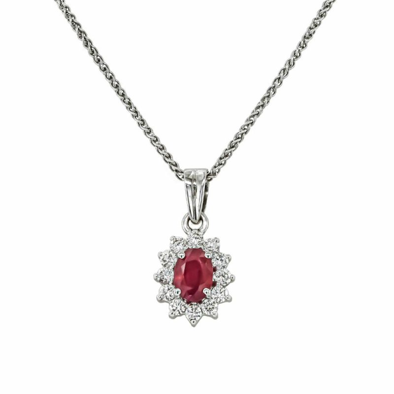 Necklaces & Pendants |   18Ct White Gold 1.11Ct Ruby & 0.49Ct Diamond Cluster Pendant Jewellery Necklaces & Pendants