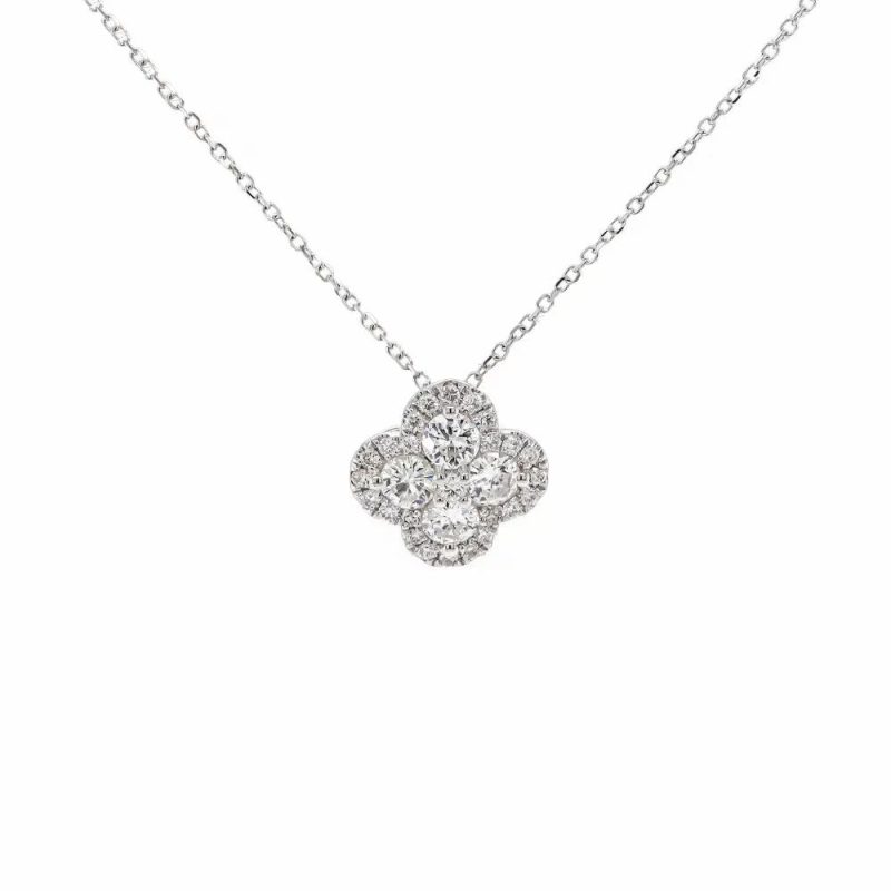 Necklaces & Pendants |   18Ct White Gold Brilliant Cut Diamond .75Cts 4 Leaf Clover Pendant With 16″ Chain Jewellery Necklaces & Pendants