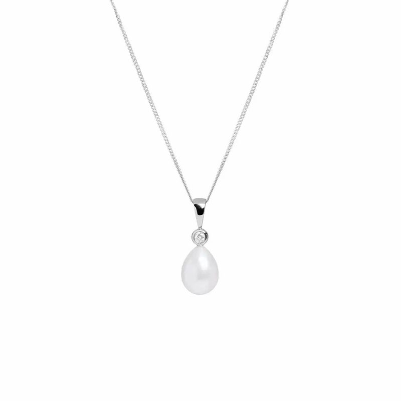 Necklaces & Pendants |   18Ct White Gold Cultured River Pearl & Diamond Pendant Jewellery Necklaces & Pendants