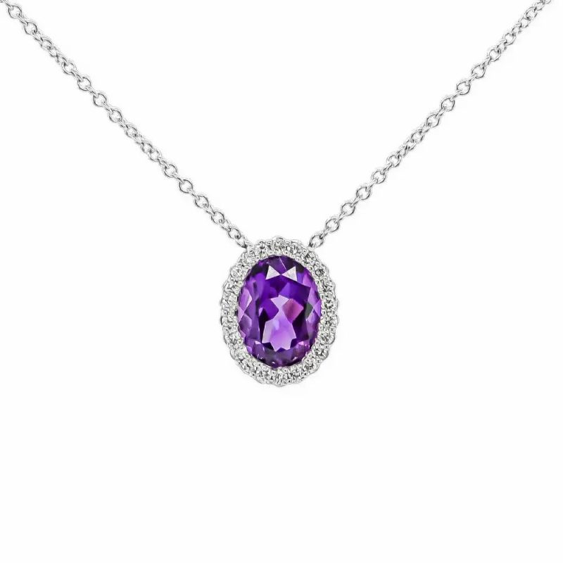 Necklaces & Pendants |   18Ct White Gold Diamond And Amethyst Cluster Pendant And 18″ Chain Jewellery Necklaces & Pendants