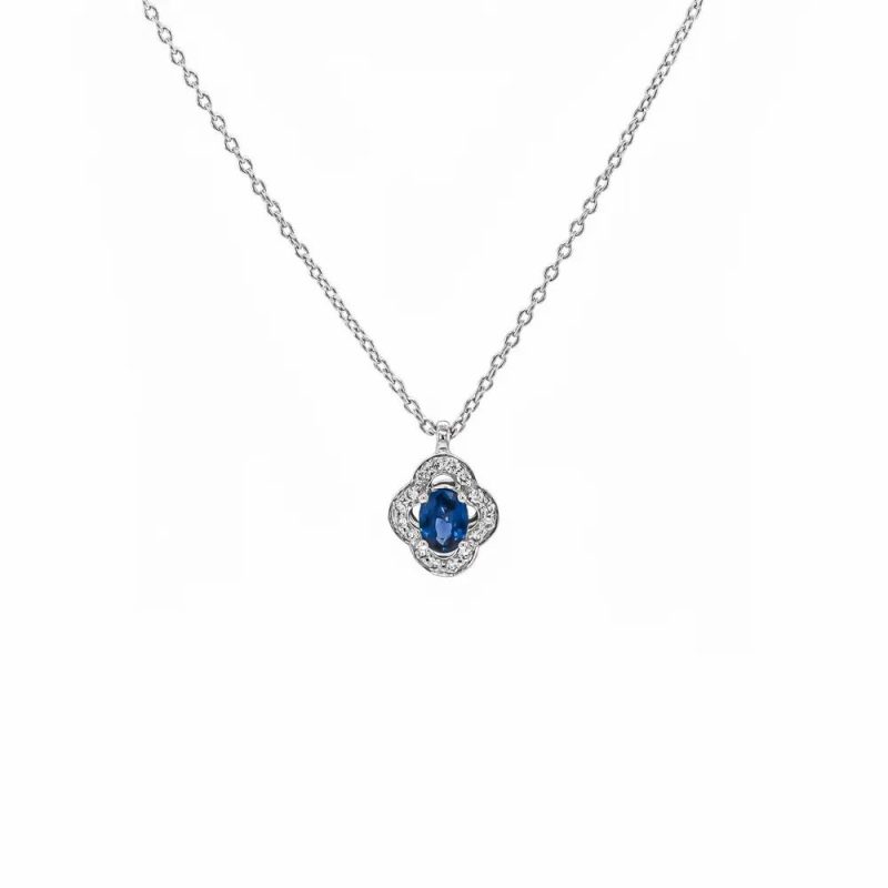 Necklaces & Pendants |   18Ct White Gold Diamond And Sapphire Cluster Pendant With 18″ Chain Jewellery Necklaces & Pendants