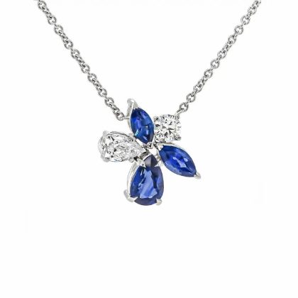 Necklaces & Pendants |   18Ct White Gold Diamond & Sapphire Flower Pendant With 16″ Chain Jewellery Necklaces & Pendants