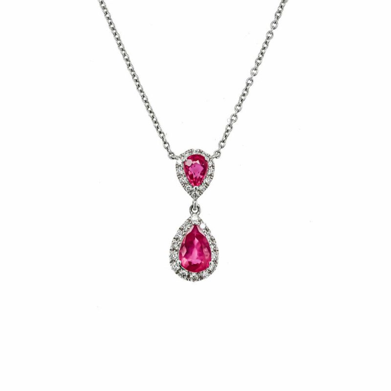 Necklaces & Pendants |   18Ct White Gold Double Ruby And Diamond Pear Shaped Cluster Drop Necklace Jewellery Necklaces & Pendants