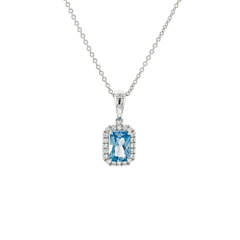 Necklaces & Pendants |   18Ct White Gold Emerald Cut Blue Topaz And Diamond Cluster Necklace Jewellery Necklaces & Pendants