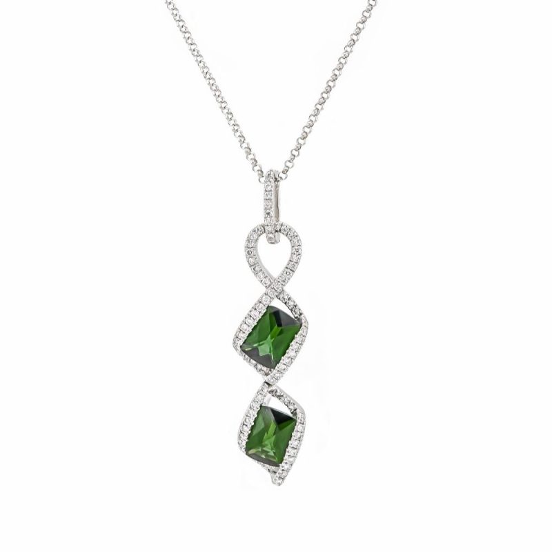 Necklaces & Pendants |   18Ct White Gold Green Tourmaline & Diamond Dropper Pendant With Chain 18″ Jewellery Necklaces & Pendants