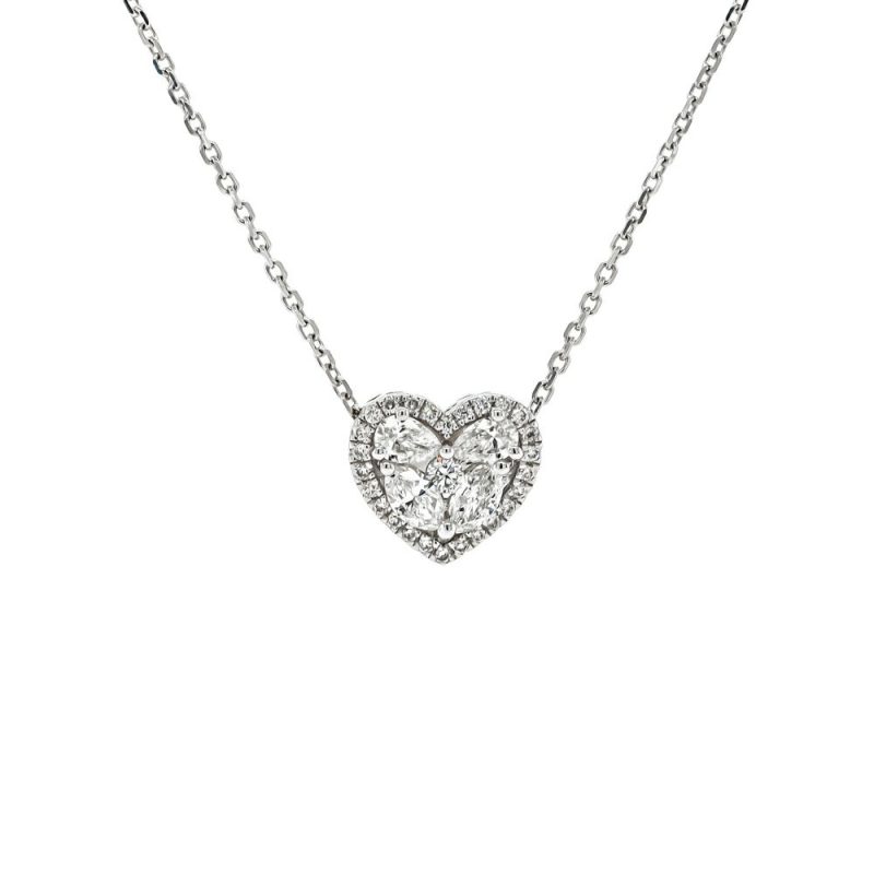 Necklaces & Pendants |   18Ct White Gold Heart Shaped Cluster Diamond Pendant With Chain Jewellery Necklaces & Pendants