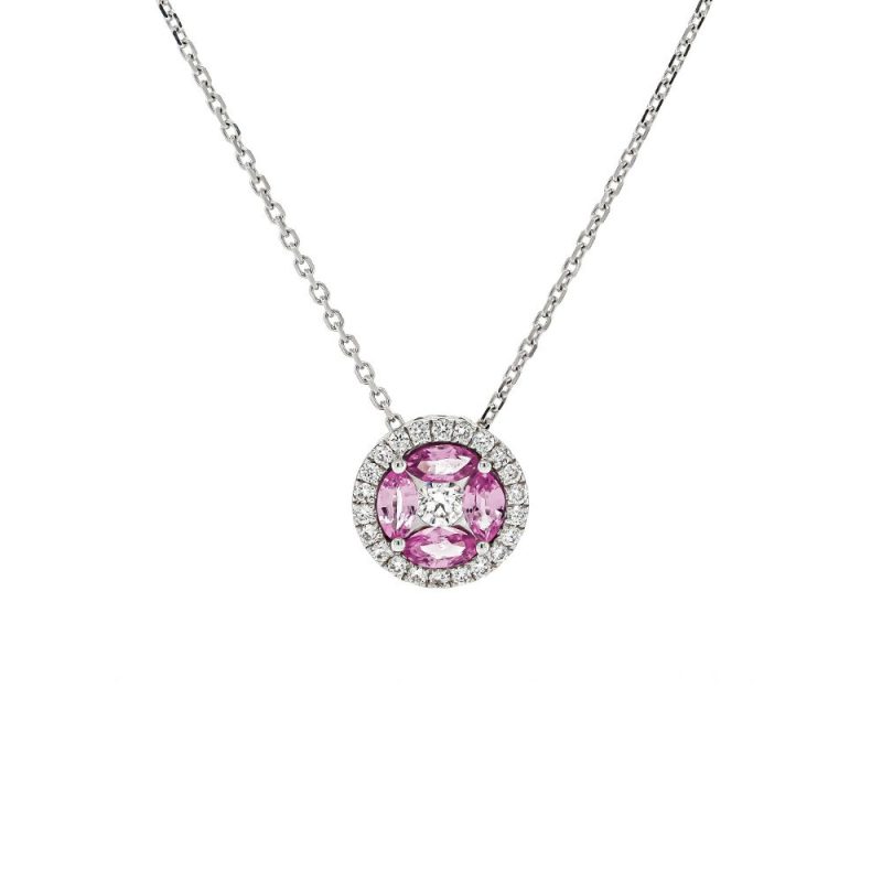 Necklaces & Pendants |   18Ct White Gold Marquise Pink Sapphire And Diamond Cluster Pendant Jewellery Necklaces & Pendants