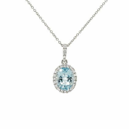 Necklaces & Pendants |   18Ct White Gold Oval Aquamarine And Diamond Cluster Pendant And Chain Jewellery Necklaces & Pendants