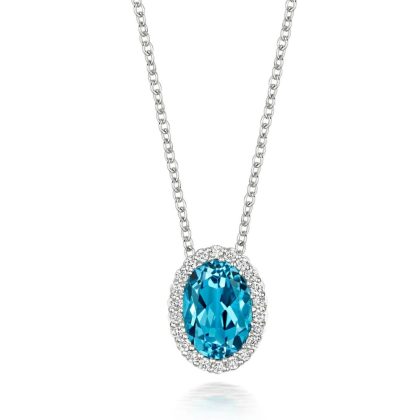 Necklaces & Pendants |   18Ct White Gold Oval Blue Topaz And Diamond Necklace  With 18″ Chain Jewellery Necklaces & Pendants