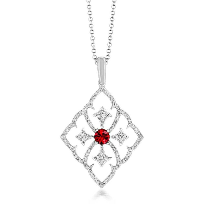 Necklaces & Pendants |   18Ct White Gold Ruby And Diamond Kite Shaped Vintage Style Pendant Jewellery Necklaces & Pendants