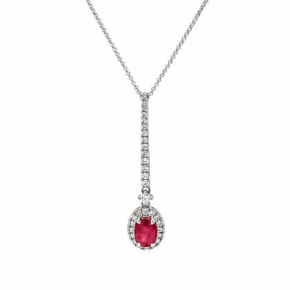 Necklaces & Pendants |   18Ct White Gold Ruby & Diamond Bar Drop Pendant 18″ Chain Jewellery Necklaces & Pendants