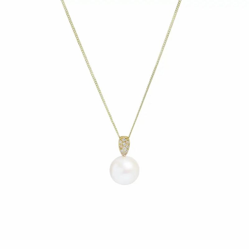 Necklaces & Pendants |   18Ct Yellow Gold Cultured River 10Mm Pearl & Diamond Pendant Jewellery Necklaces & Pendants