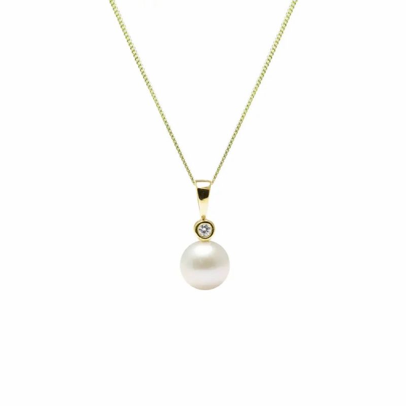 Necklaces & Pendants |   18Ct Yellow Gold Cultured River Pearl & Diamond Pendant Jewellery Necklaces & Pendants