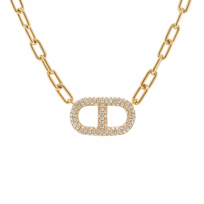 Necklaces & Pendants |   18Ct Yellow Gold Diamond Oval Link Bar Pendant & 16″ Chain Jewellery Necklaces & Pendants