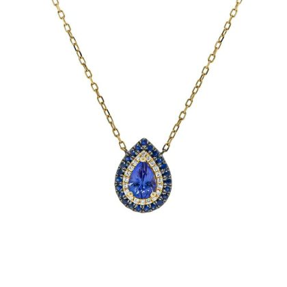 Necklaces & Pendants |   18Ct Yellow Gold Pear Shaped Tanzanite, Sapphire And Diamond Cluster Pendant With Chain Jewellery Necklaces & Pendants