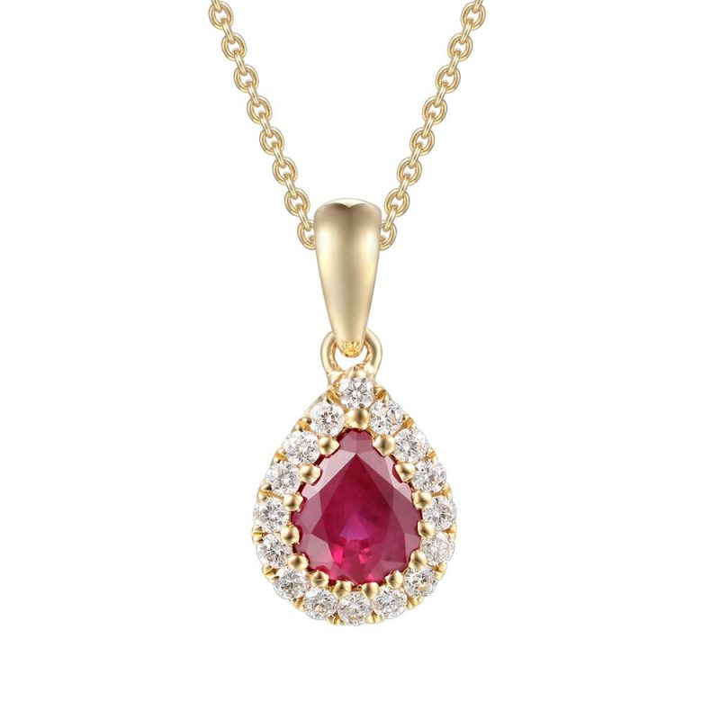 Necklaces & Pendants |   18Ct Yellow Gold Ruby And Diamond Pear Shaped Cluster Pendant Jewellery Necklaces & Pendants