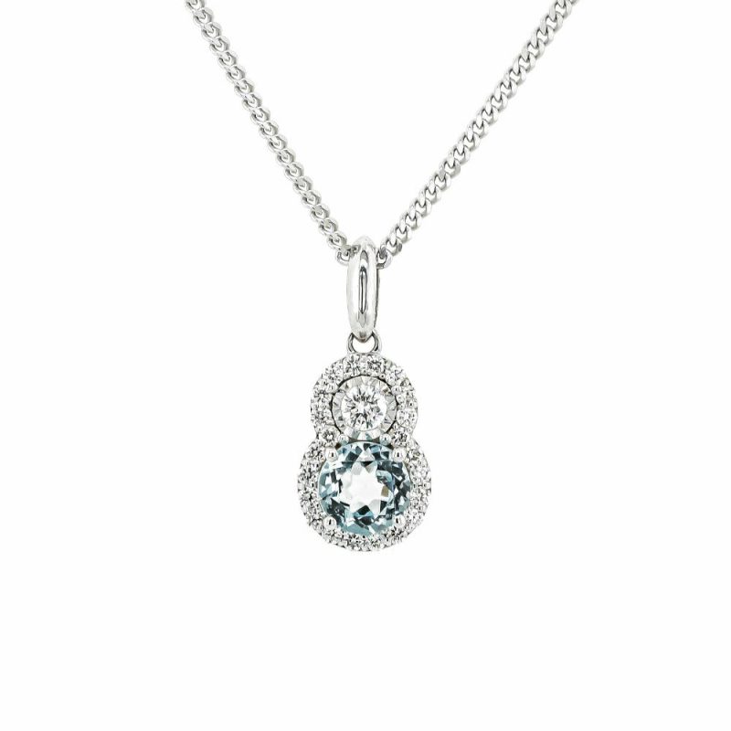 Necklaces & Pendants |   9Ct White Gold Blue Topaz And Diamond Double Cluster Drop Pendant Jewellery Necklaces & Pendants