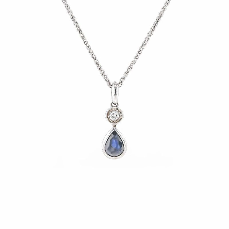 Necklaces & Pendants |   9Ct White Gold Brilliant Cut Diamond Illusion And Sapphire Pendant Jewellery Necklaces & Pendants