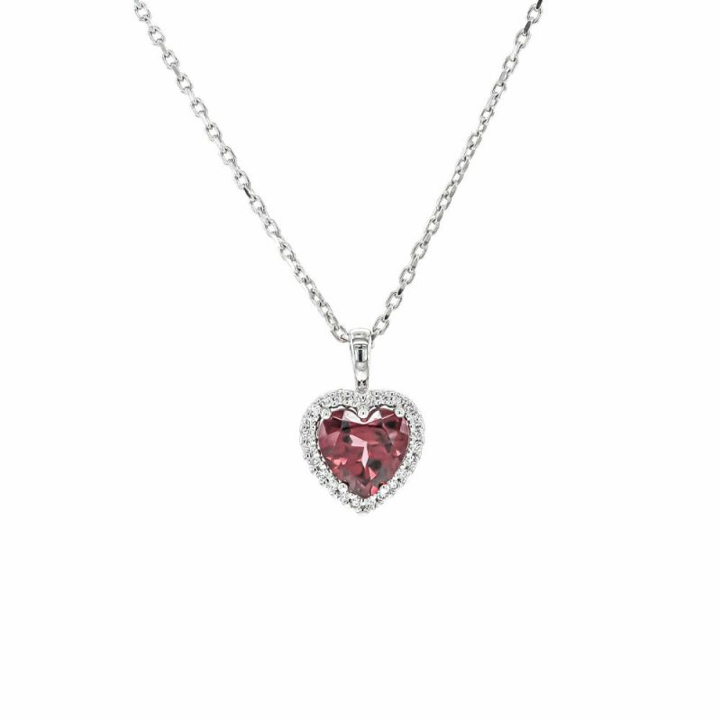 Necklaces & Pendants |   9Ct White Gold Diamond And Heart Shaped Pink Rhodolithe Pendant Jewellery Necklaces & Pendants