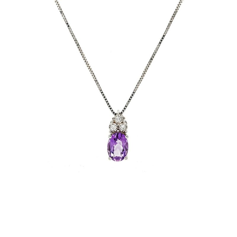 Necklaces & Pendants |   9Ct White Gold Diamond & Oval Amethyst Pendant Jewellery Necklaces & Pendants