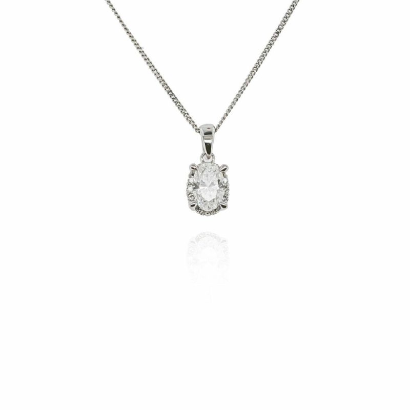 Necklaces & Pendants |   9Ct White Gold Oval Diamond With Diamond Surround Necklace Jewellery Necklaces & Pendants