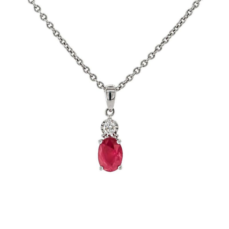 Necklaces & Pendants |   9Ct White Gold Oval Ruby And Diamond Illusion Pendant Jewellery Necklaces & Pendants